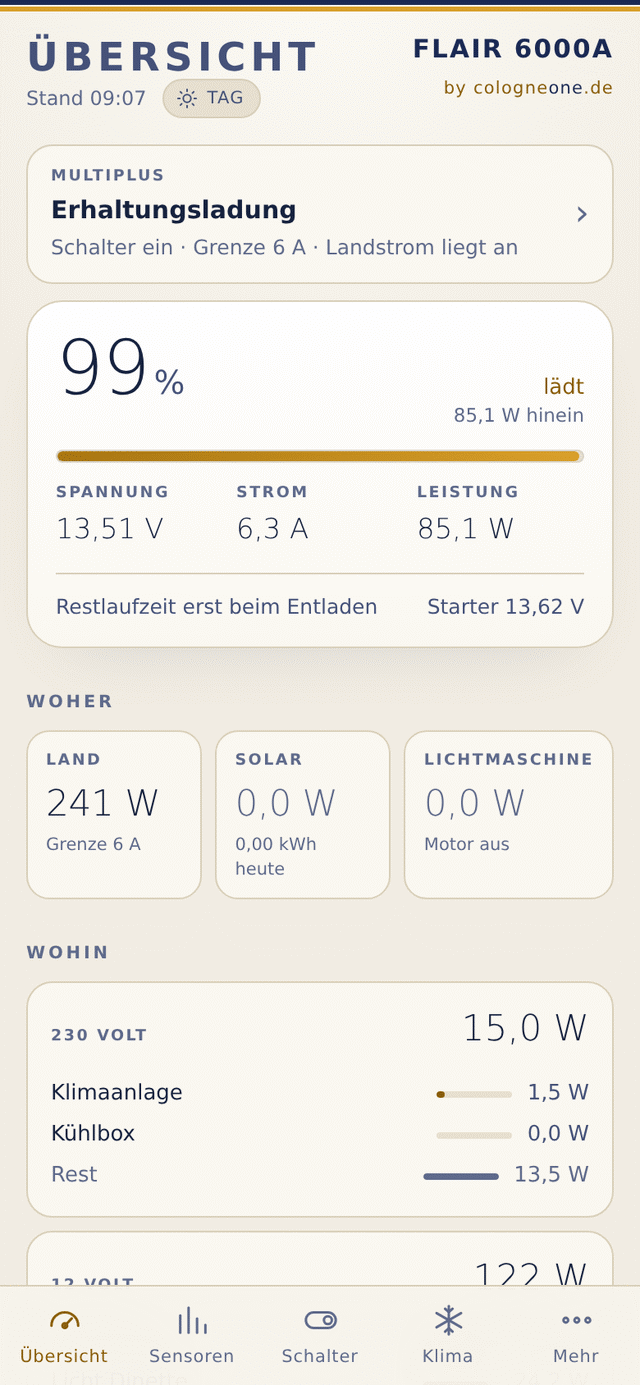 Übersichtsseite auf dem Telefon mit MultiPlus-Zustand, 99 Prozent Batterie, den Quellen Landstrom, Solar und Lichtmaschine sowie den Verbrauchern