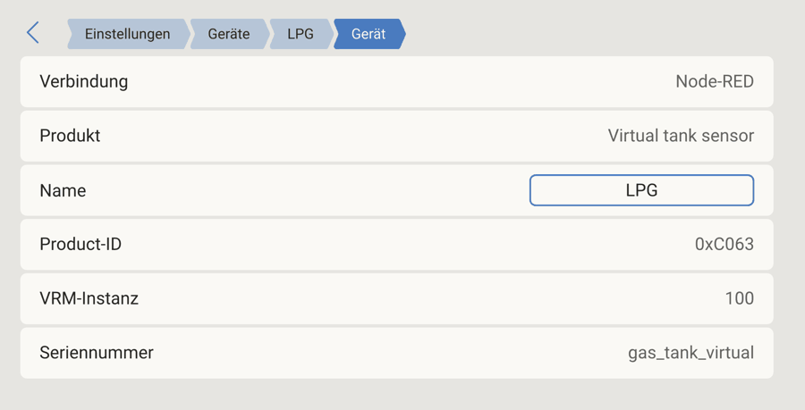 Gerätedetails im Cerbo: Verbindung Node-RED, Produkt Virtual tank sensor